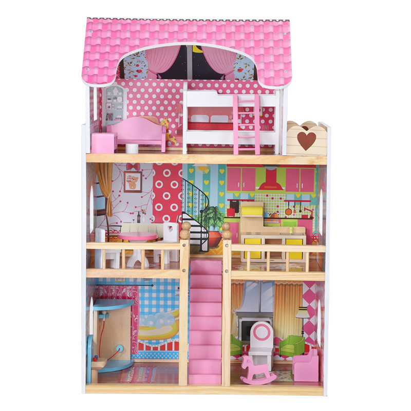 New design wholesale miniature girls big doll house toy wood pink dollhouse toy wooden big doll house toy