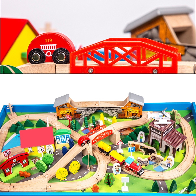 New style hot sale 108 pcs forest style wooden train track set beech wood train track with table