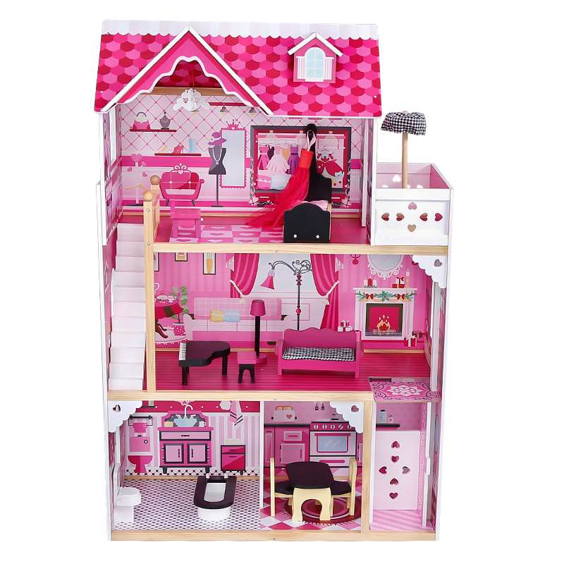 120cm big size 3 floors Wholesale wooden doll house toys role pretend playing girl pink wooden dollhouse toy for kids