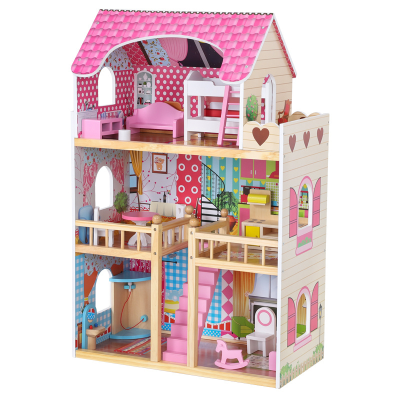 New design wholesale miniature girls big doll house toy wood pink dollhouse toy wooden big doll house toy