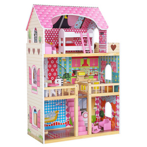 New design wholesale miniature girls big doll house toy wood pink dollhouse toy wooden big doll house toy