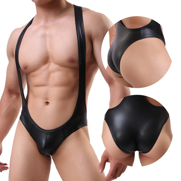 Mens Reduced Underwear Men Casual Solid Patent Leather Body Sculpting Hip Lift Sexy Low Waist See-Through Mens Bodysuit