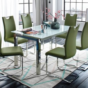 Malaysian design expandable glass top stainless steel base dining table