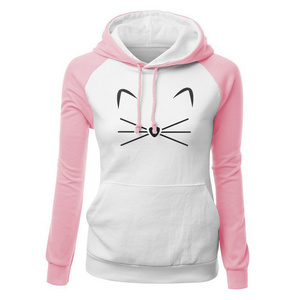 New Arrival Autumn Winter Slim Raglan Hoody Casual Kawaii Cat Cartoon Print Cute Sportswear  Hoodies For Women Sweatshirt