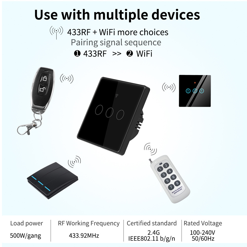 Manufacturers Tuya WIFI Smart Wall Touch Switch Glass Panel with LED Indicator Smart life RF433 Controller Alexa Light Switches