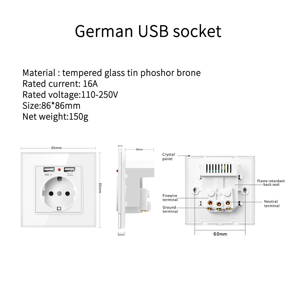 SIXWGH USB Wall Socket German Standard  86 Style Glass Panel Electronic Socket Power Plug Wall Embedded  Double Usb  Outlet