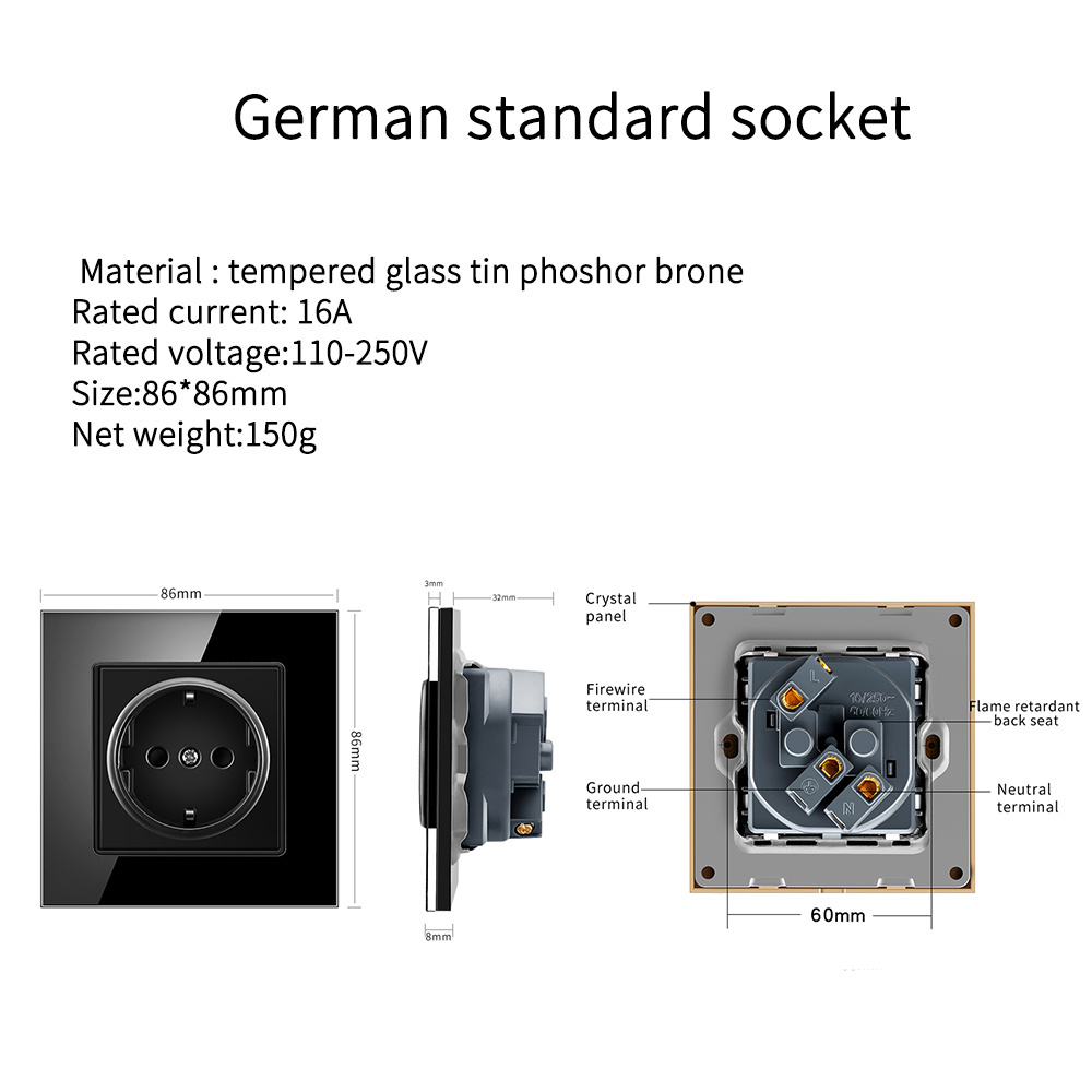 SIXWGH USB Wall Socket German Standard  86 Style Glass Panel Electronic Socket Power Plug Wall Embedded  Double Usb  Outlet