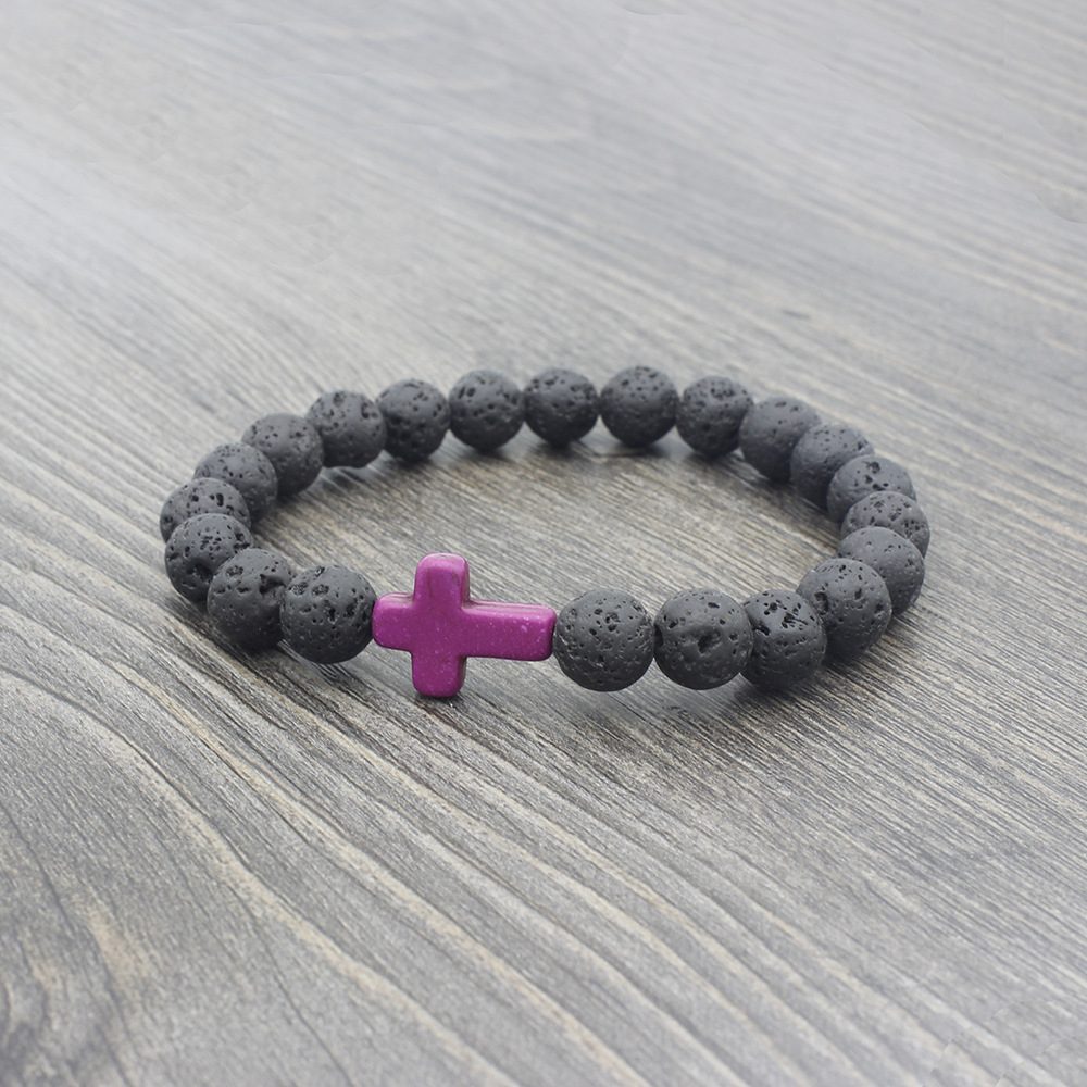 Fashionable Volcanic Stone Bracelet Multicolor Lava Cross Black Beaded Unisex Bracelet