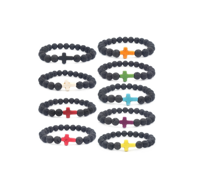 Fashionable Volcanic Stone Bracelet Multicolor Lava Cross Black Beaded Unisex Bracelet