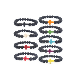 Fashionable Volcanic Stone Bracelet Multicolor Lava Cross Black Beaded Unisex Bracelet