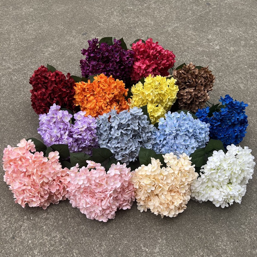 Good Quality 5 Head Silk Artificial Flower Arrangement Orange Hydrangea Wedding Bouquets