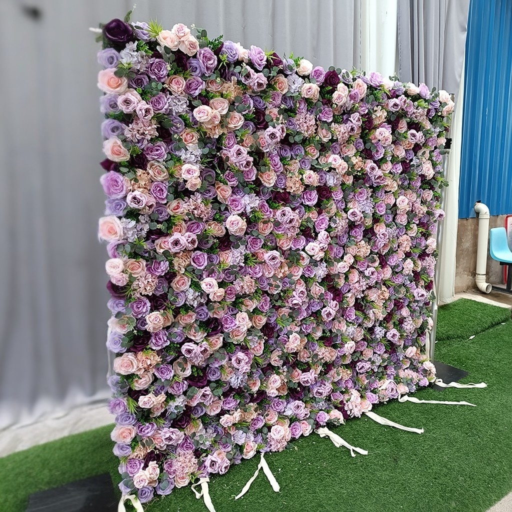 Custom 3d Roll Up Fancy Backdrops Purple Rose Flower Wall For Wedding