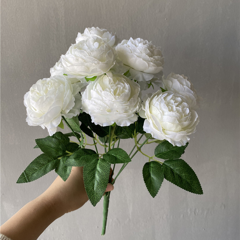 Wholesale Wedding Decoration Artificial Diamond Roses Flower Bunch White 9 Head Fake Silk Flowers Bouquet For Home Party