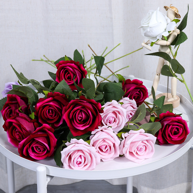 Factory Bulk Wholesale High Quality Artificial Single Velvet Roses Flower Red White Custom Real Touch Rose Decorative Flowers