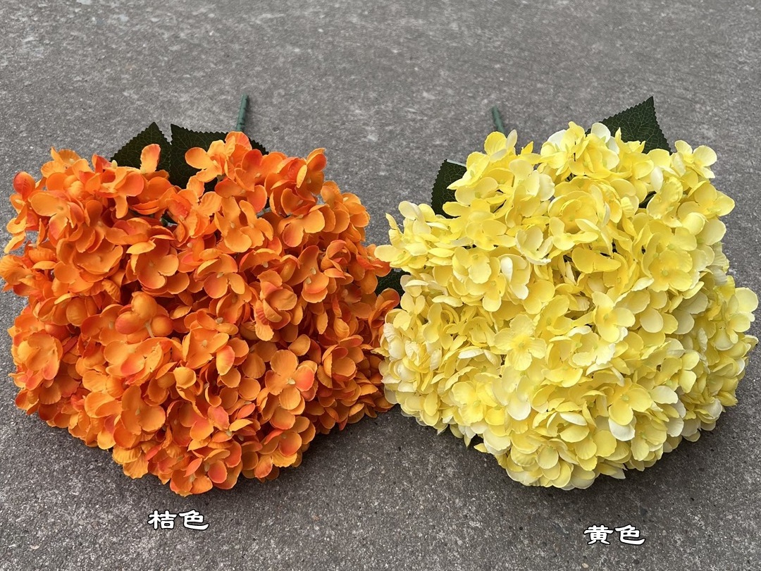 Good Quality 5 Head Silk Artificial Flower Arrangement Orange Hydrangea Wedding Bouquets