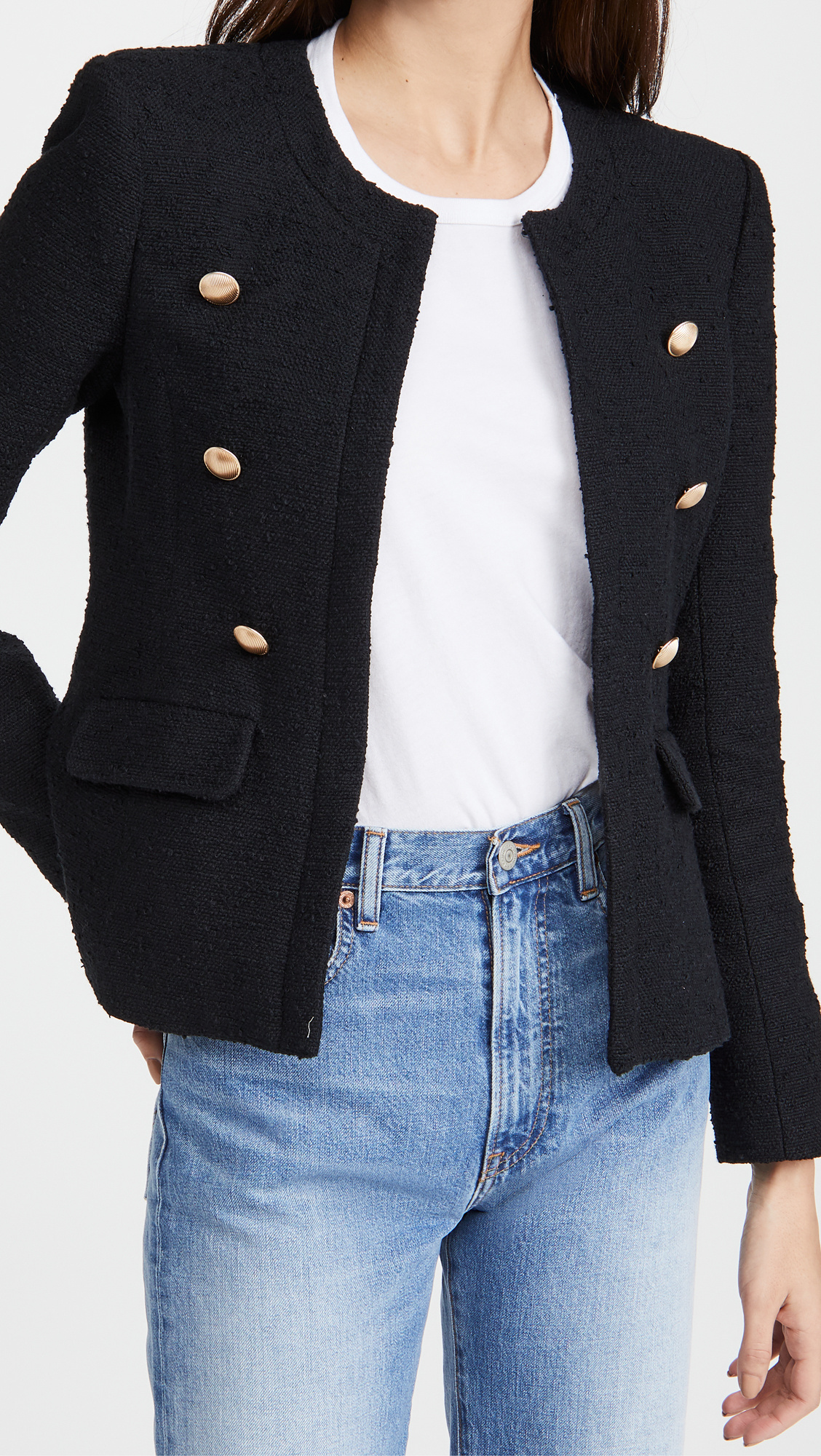 open placket with decorative buttons padded shoulders flap front pockets jacket women