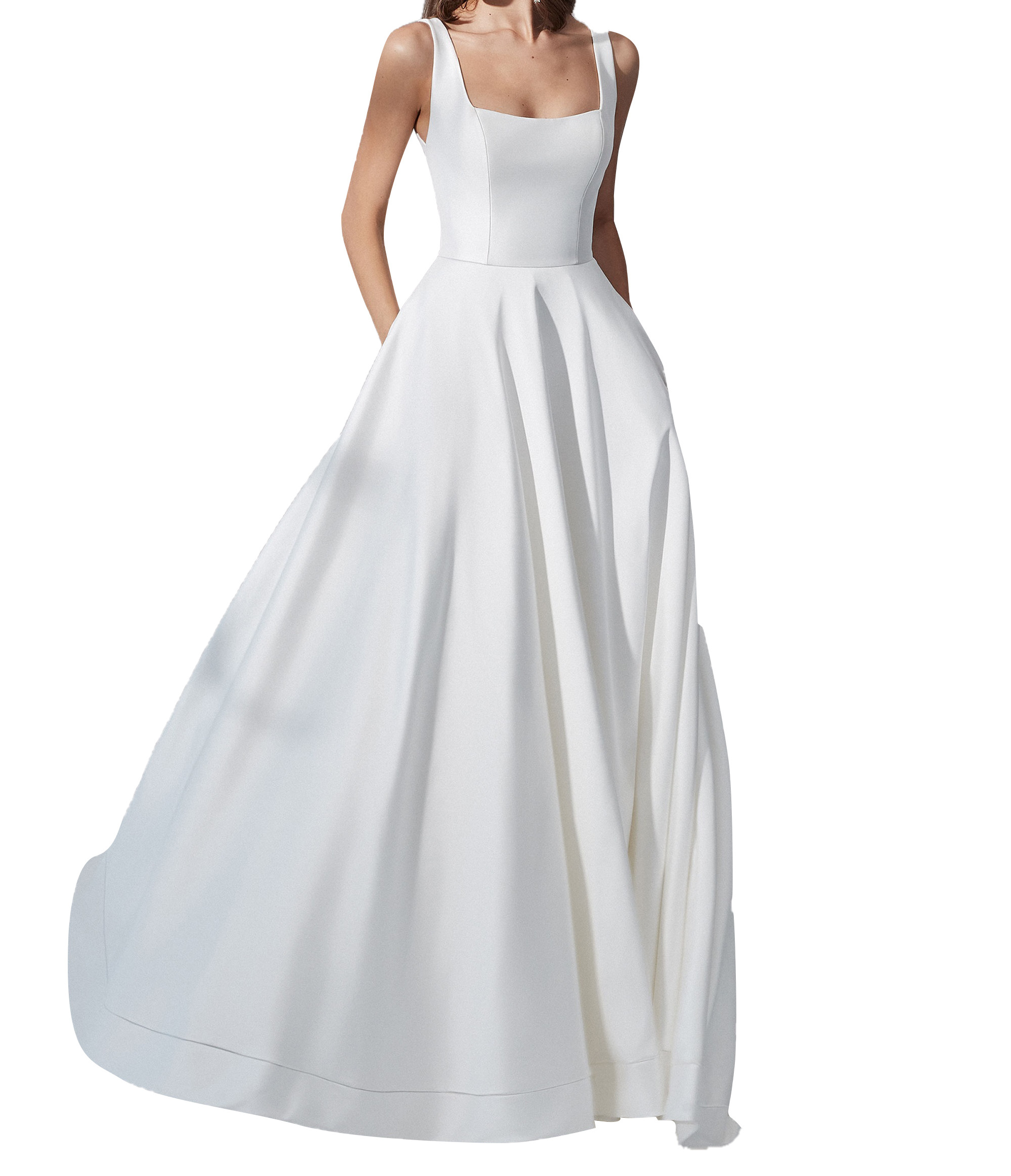 Simple Bridal Wedding Dress Satin Stretch Mikado Ball Gown with Square Neckline Beach Bridal Gowns With Detachable Tail