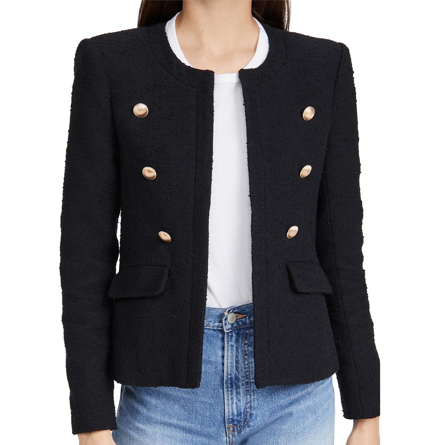 open placket with decorative buttons padded shoulders flap front pockets jacket women