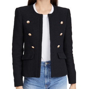 open placket with decorative buttons padded shoulders flap front pockets jacket women