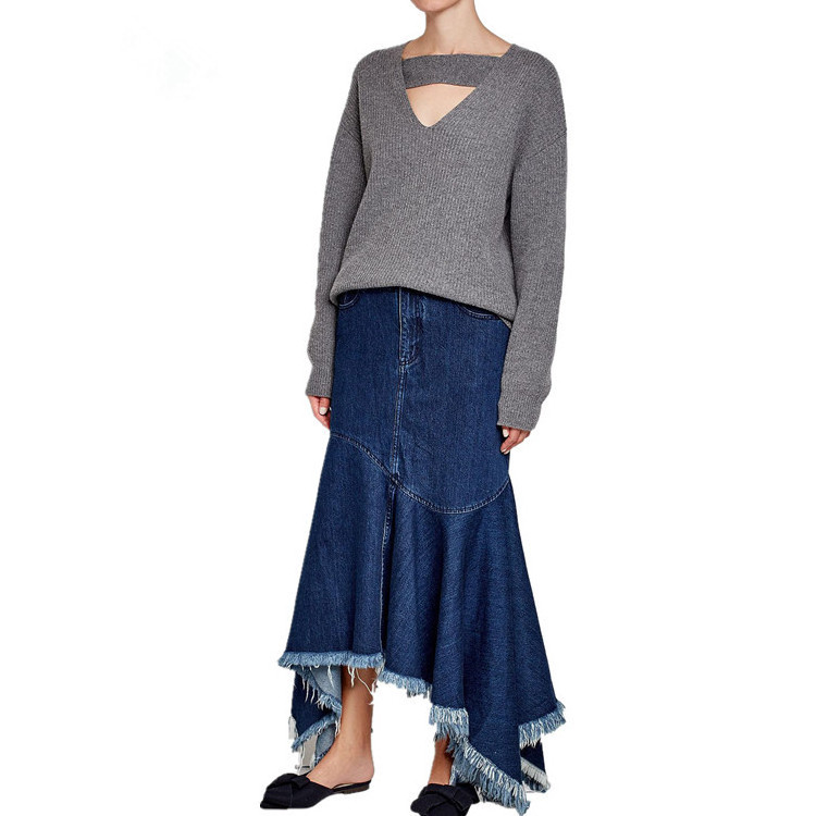 Custom women blue irregular tassel big swing long maxi denim skirt