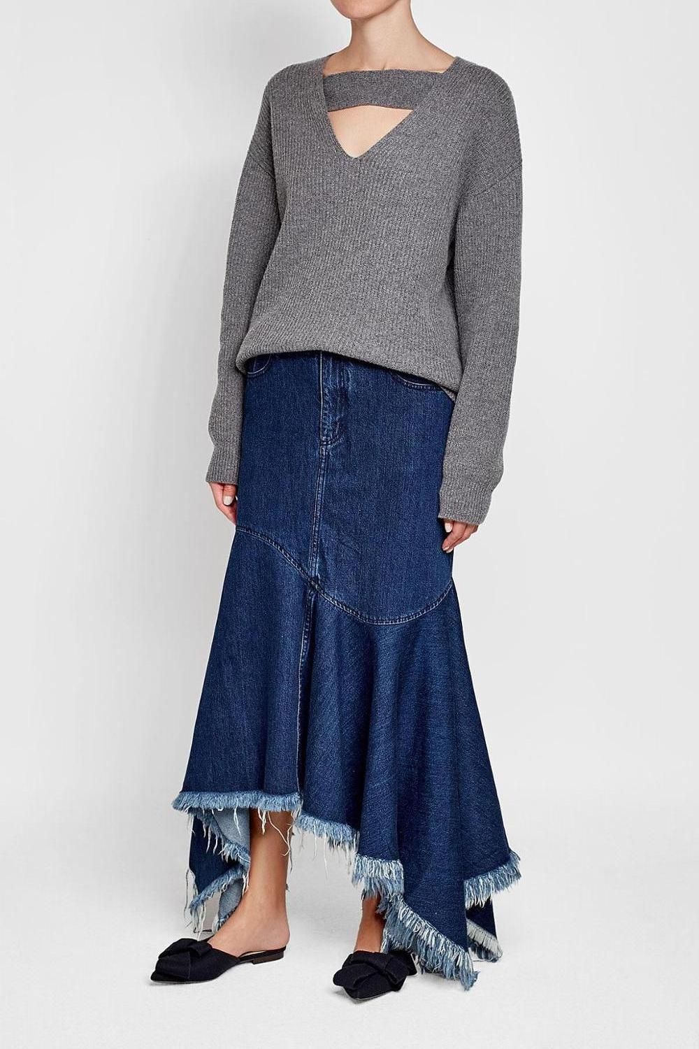 Custom women blue irregular tassel big swing long maxi denim skirt