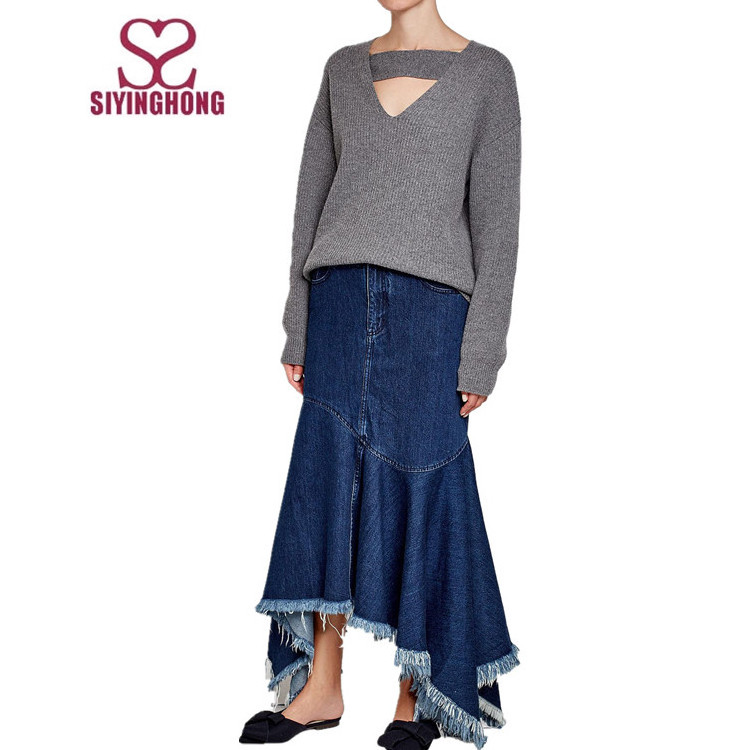 Custom women blue irregular tassel big swing long maxi denim skirt