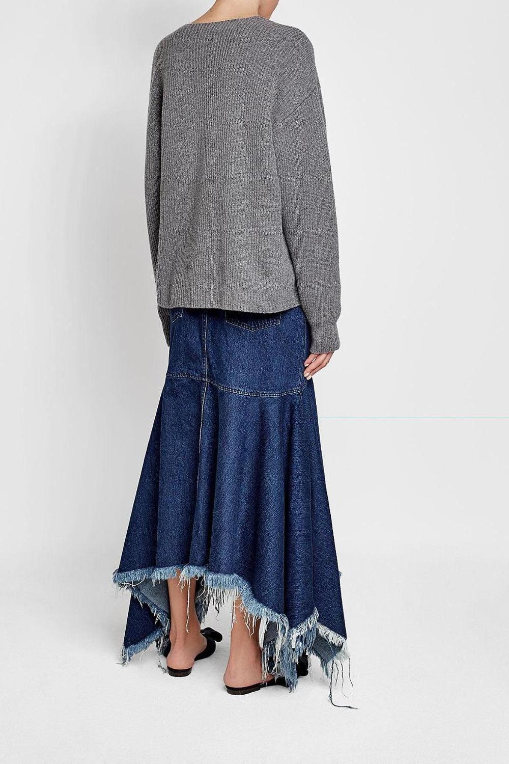 Custom women blue irregular tassel big swing long maxi denim skirt