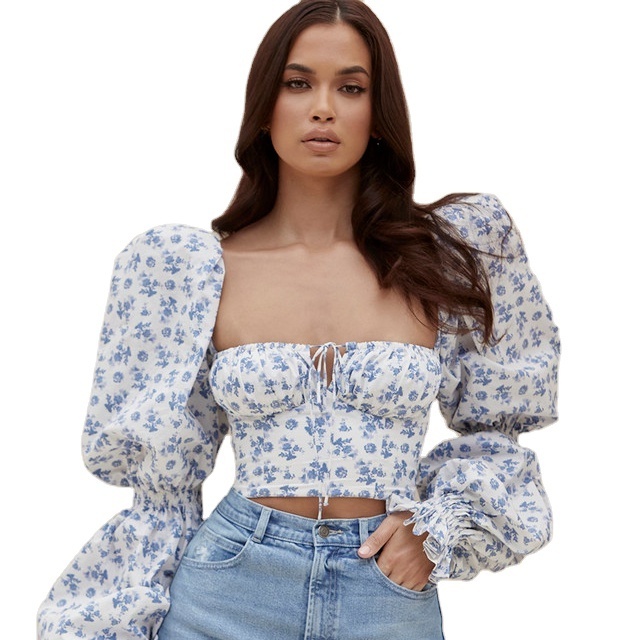 Sweet blue print long puff sleeve cropped corset top square neck ruched drawstring crop top woman blouse