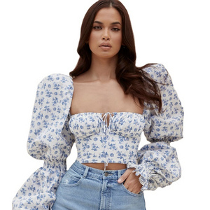 Sweet blue print long puff sleeve cropped corset top square neck ruched drawstring crop top woman blouse