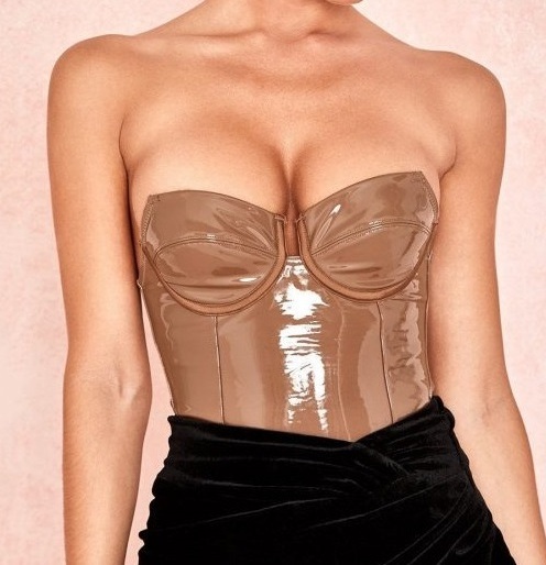 Sexy corset coffee patent vinyl bodycon pu leather bodysuit party clubwear custom wholesale