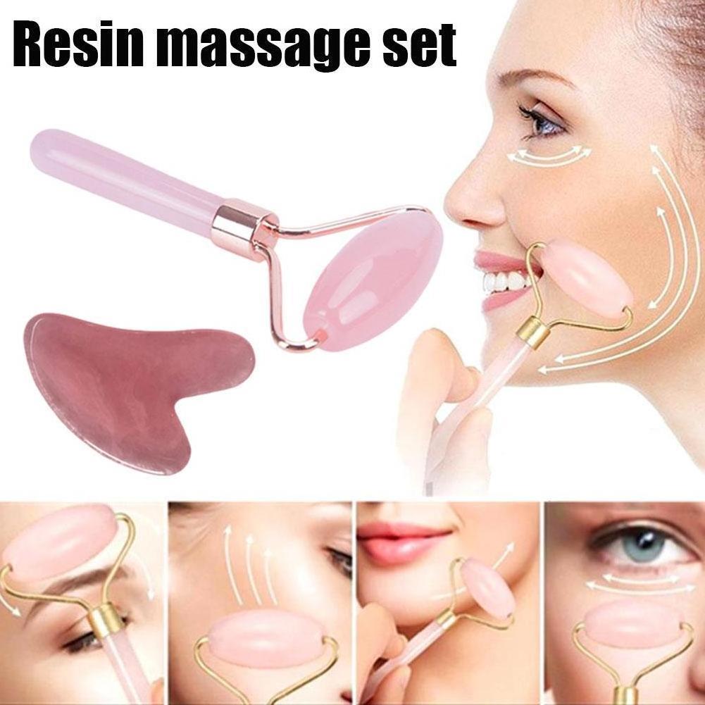 2pcs/Set Kamien Gua Sha Stone For Face Massage Rose Quartz Jade Stone Face Massage Roller Gua Sha Scraper Board Face Guasha