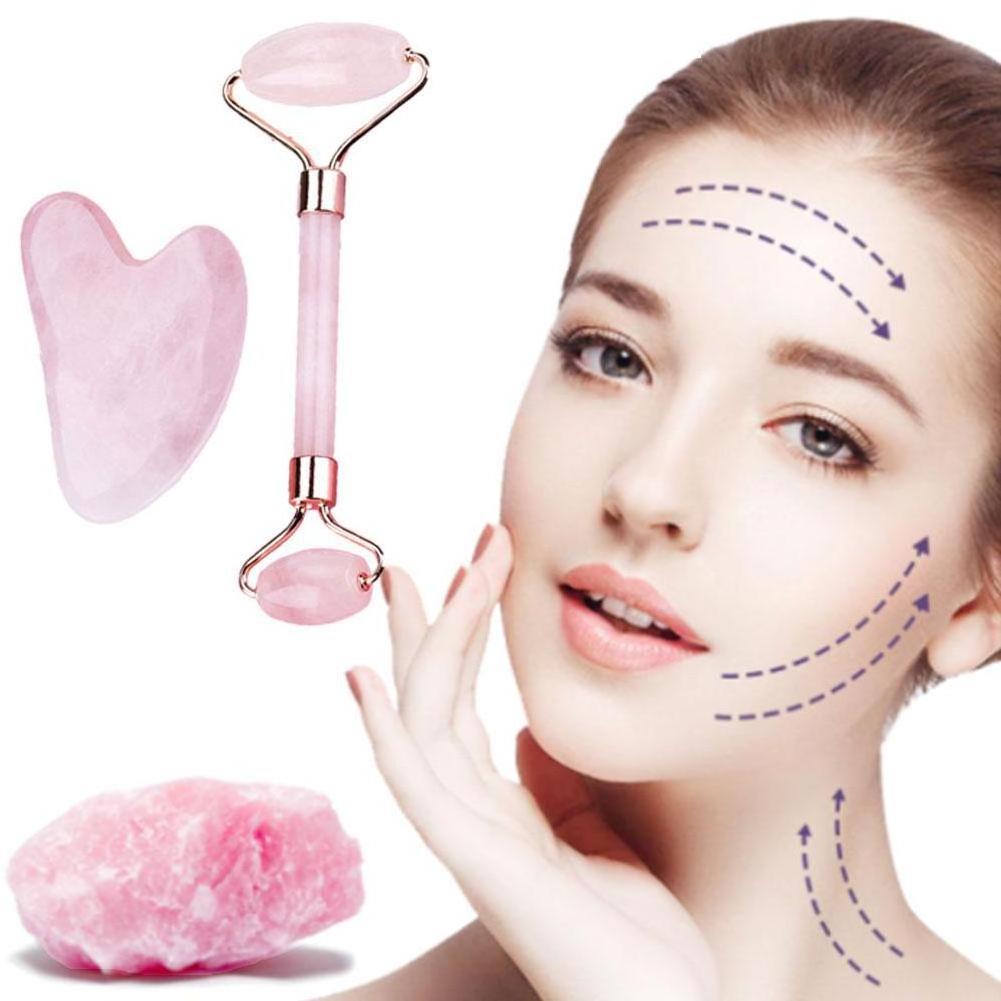 2pcs/Set Kamien Gua Sha Stone For Face Massage Rose Quartz Jade Stone Face Massage Roller Gua Sha Scraper Board Face Guasha