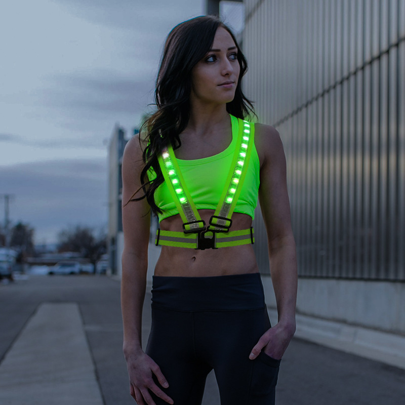 new night run bike riding traffic sanitation construction LED recharge reflective belt safety vest with colorful flashing lights