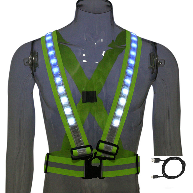 new night run bike riding traffic sanitation construction LED recharge reflective belt safety vest with colorful flashing lights