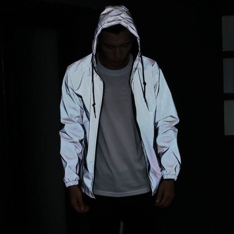 custom pattern men workout riding sport nightclub hip-hop high visible reflective windbreaker hooded streetwear gray coat jacket