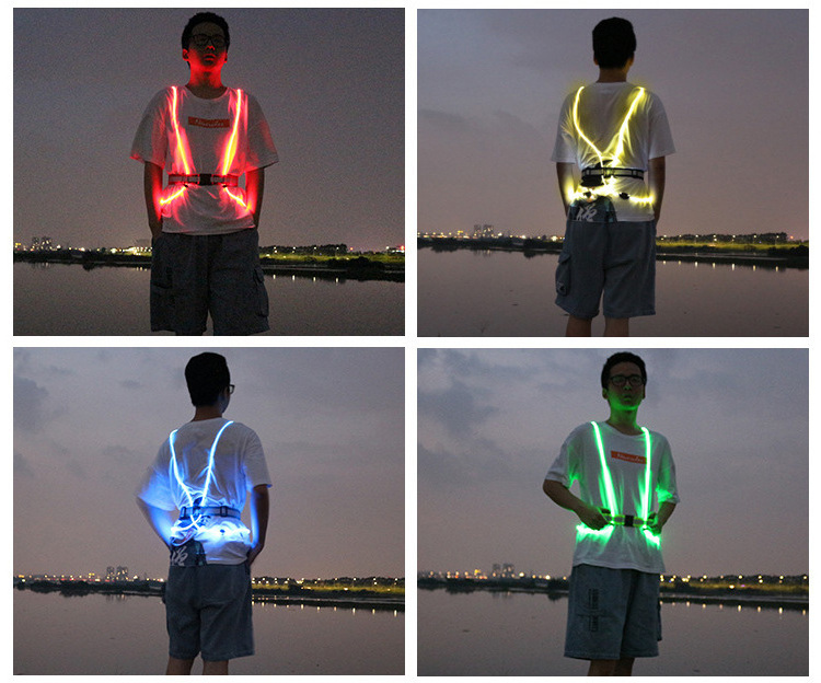 battery operate unisex workout running jogging safety creative night light reflective belt bright LED fiber optic flashing vest