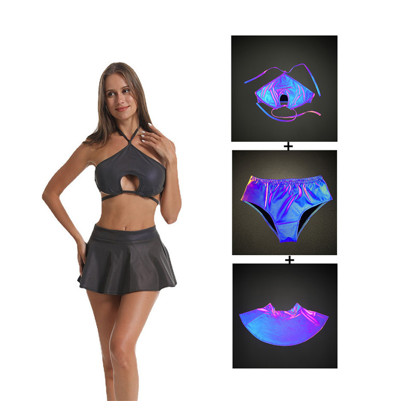 3 pieces set high visibility reflective bikini night club performance skirt underwear sexy hollow out swimsuit top vest clothes