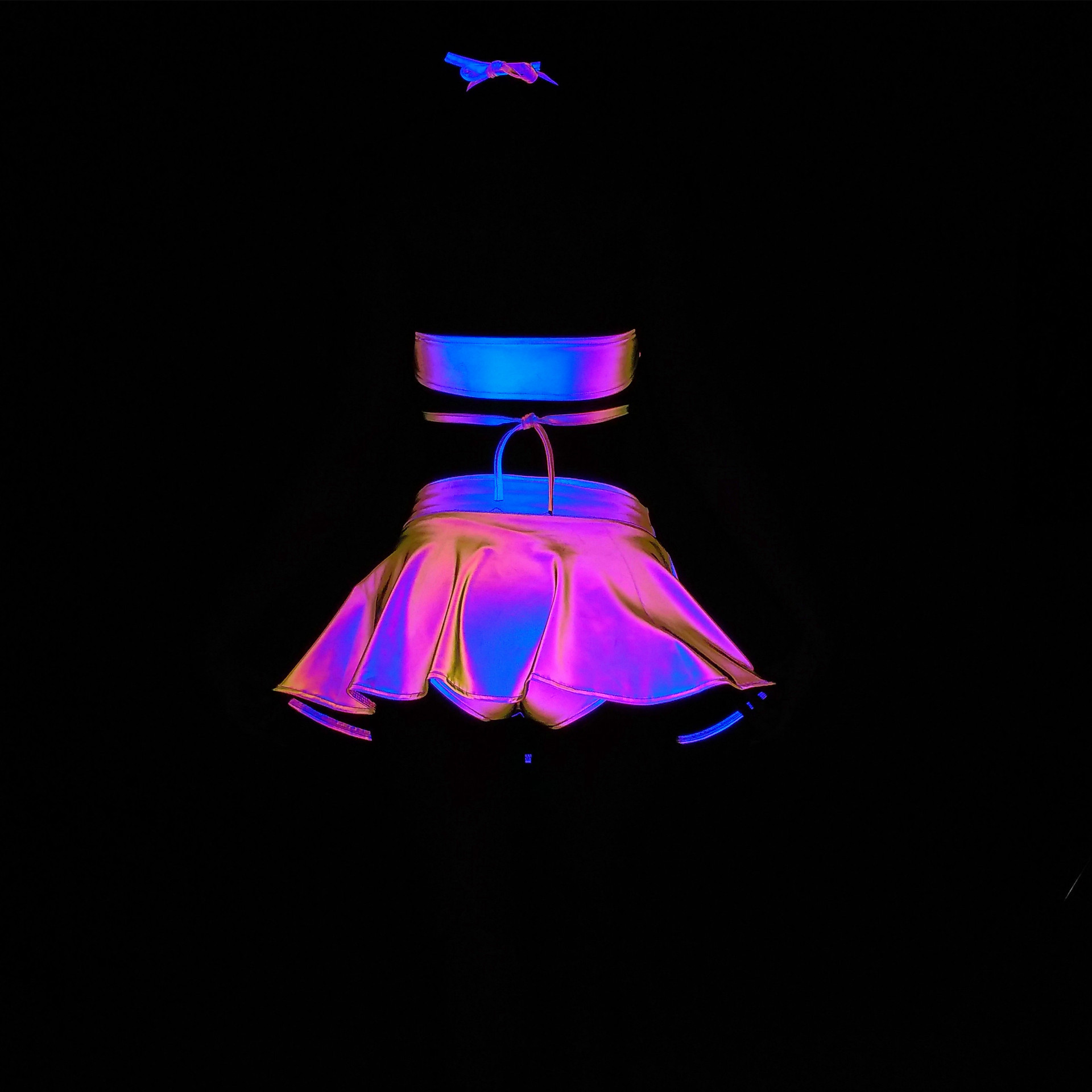 3 pieces set high visibility reflective bikini night club performance skirt underwear sexy hollow out swimsuit top vest clothes