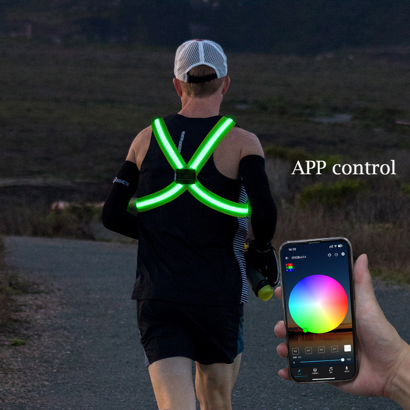 APP control night running cycling road safety green blue adjustable chargeable LED flash high visibility reflective belt vest