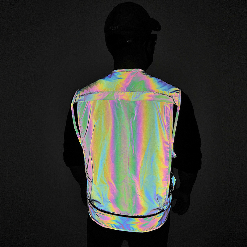 Low MOQ unisex waterproof blank night motorcycle fishing street safety wear windbreaker reflective rainbow vest jacket harness