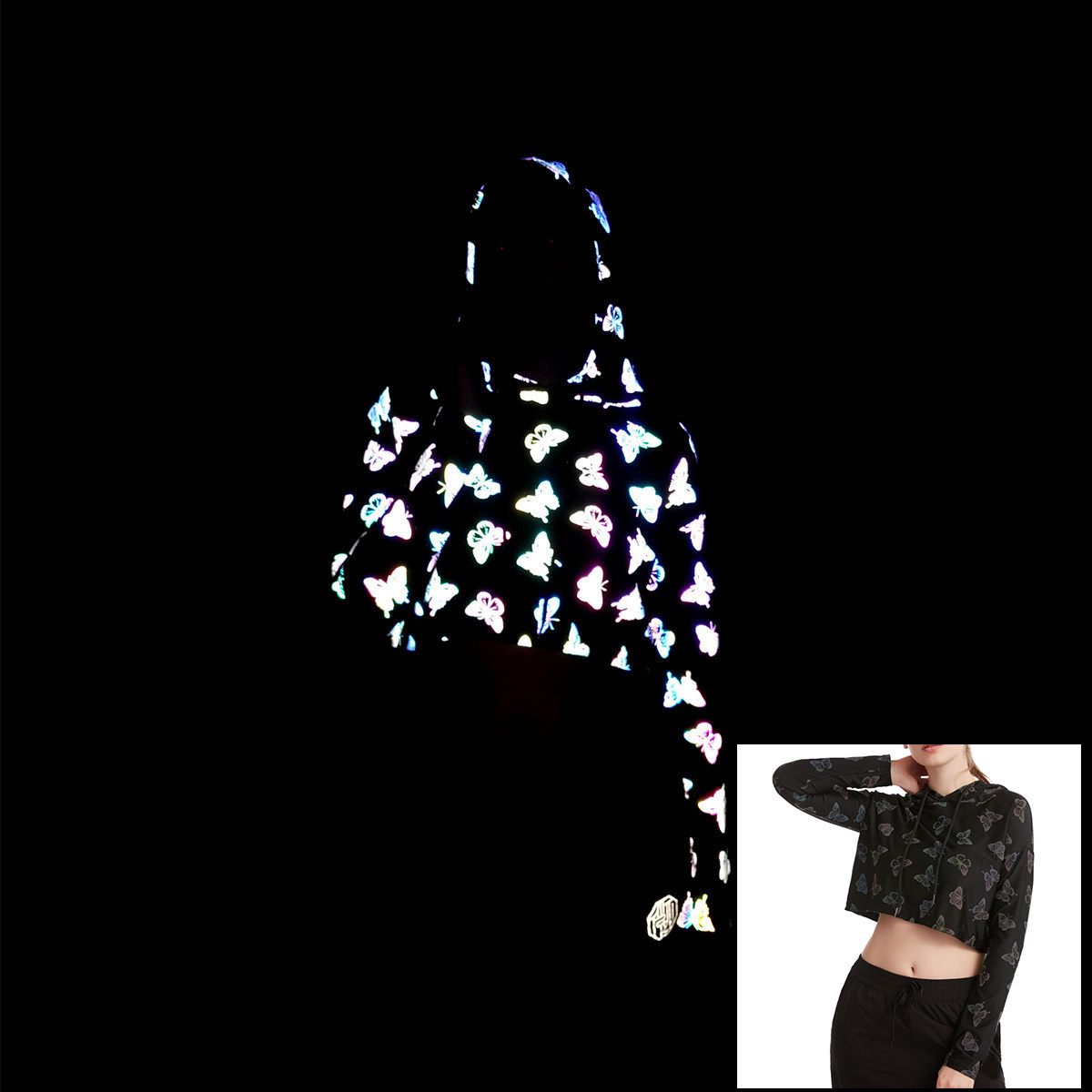 fashionable hi vis high vision polyester custom butterfly pattern ladies women reflective gym clothing hooded tracksuits jacket