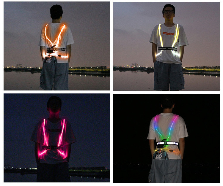 battery operate unisex workout running jogging safety creative night light reflective belt bright LED fiber optic flashing vest