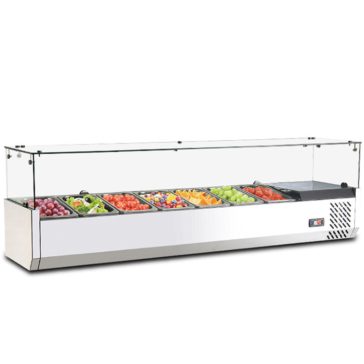 Stainless Steel Fruit Salad Bar Food Vegetable Chiller Salad Glass Counter Display With 4 Container