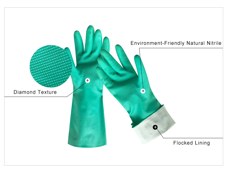 Directly wholesale 0.38mm green nitrile flocked liner chemical and oil resistant gloves