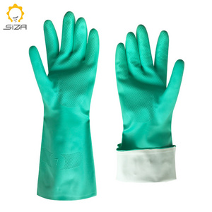 Directly wholesale 0.38mm green nitrile flocked liner chemical and oil resistant gloves