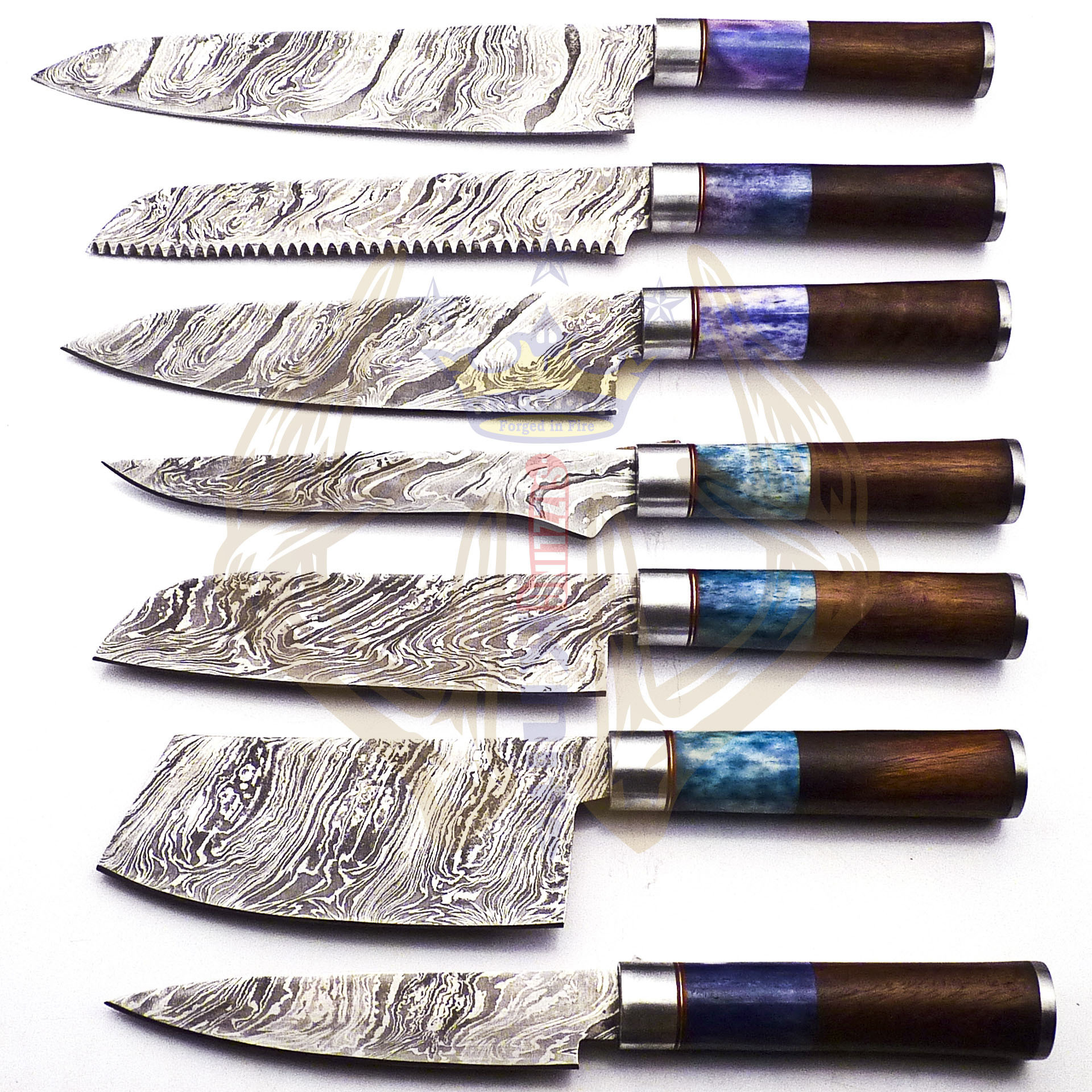 Professional 7 Piece High Quality Damascus Steel Kitchen Knives Chef Set Wood & Resin Handle with Leather Bag Easy to Carry