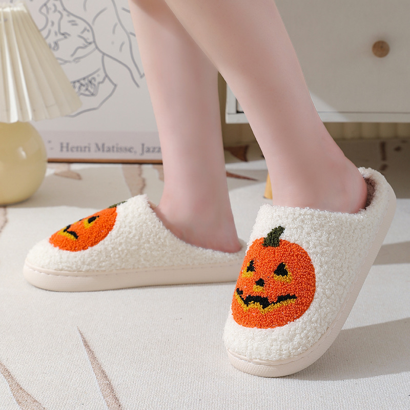 Halloween pumpkin fur slipper with fur heels warm Slippers winter warm heel slippers