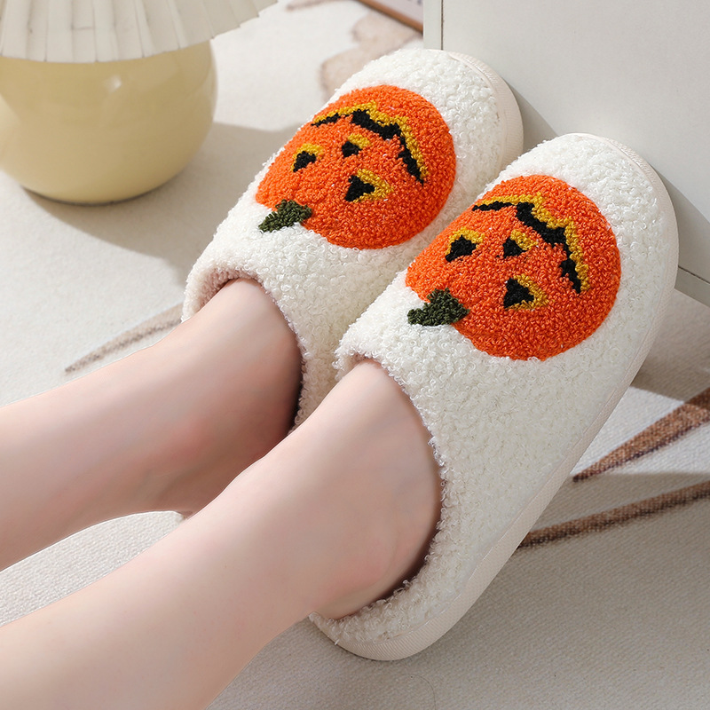 Halloween pumpkin fur slipper with fur heels warm Slippers winter warm heel slippers