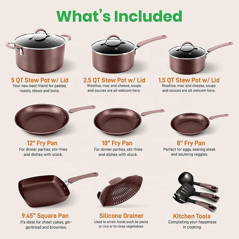 20 Piece Pots & Pans Kitchen Cookware Bakeware Set Nonstick Ceramic Copper Coating Frying Pans Skillets