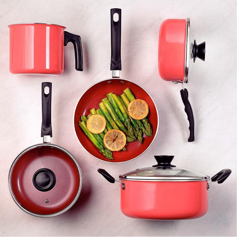 Orange pressed nonstick cookware set aluminum fry pan cookware sarten olla dishes